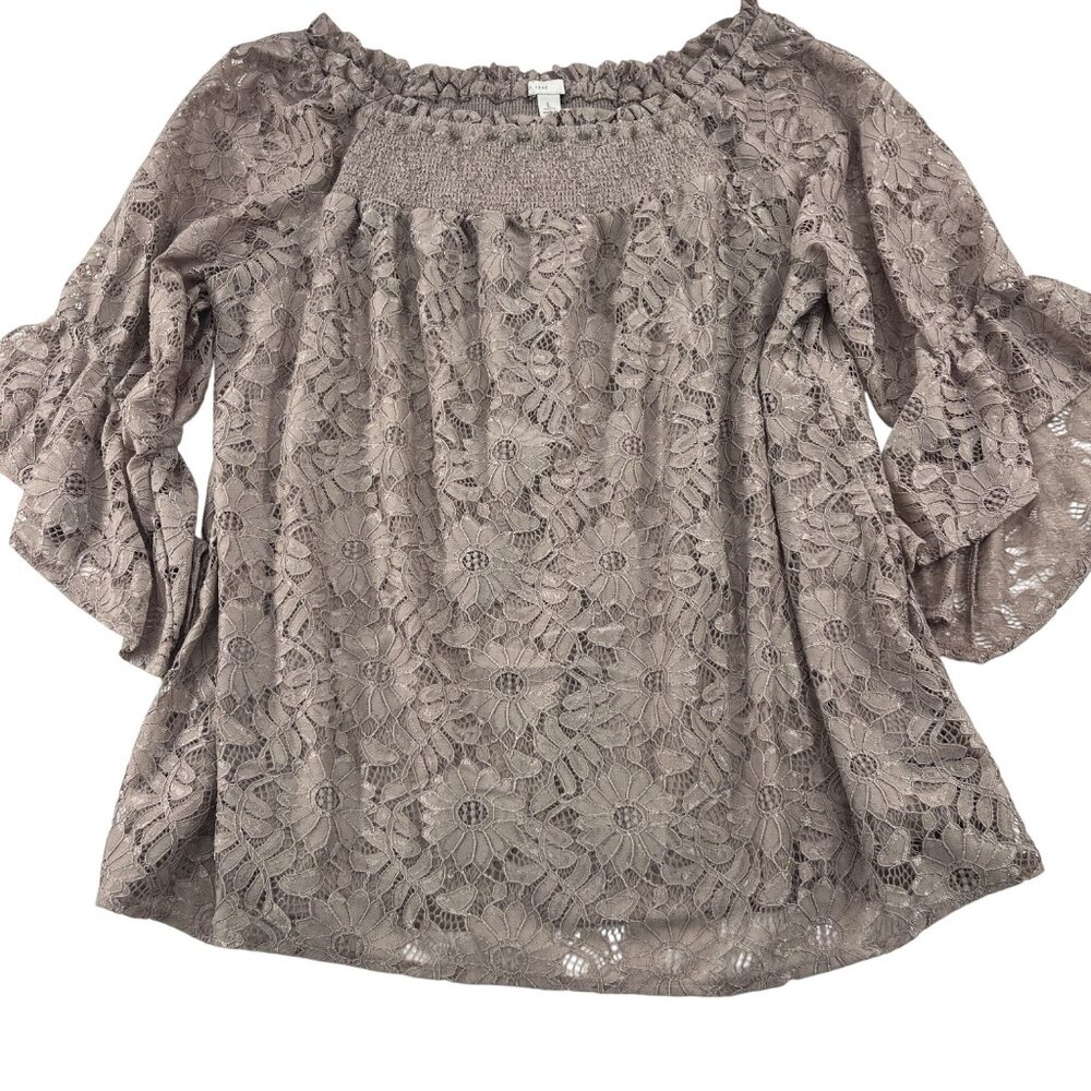 Cato Womens Lace Blouse size large Floral Pattern Taupe Loose‎ Fit